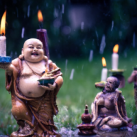 laughing buddha dancing in rain with candles in hand